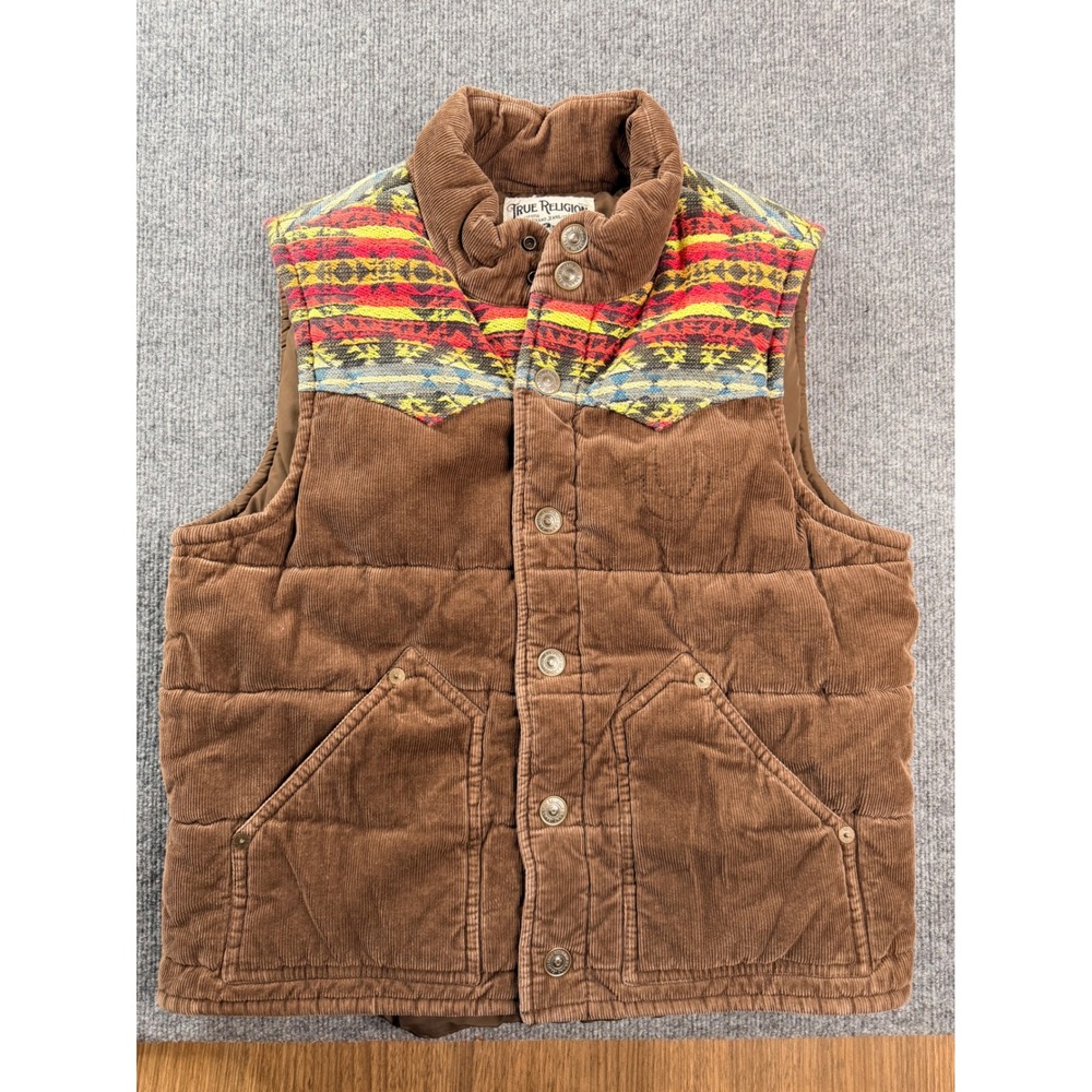 True Religion Mens Large Brown Corduroy Puffer Vest Southwestern Yoke Vintage L